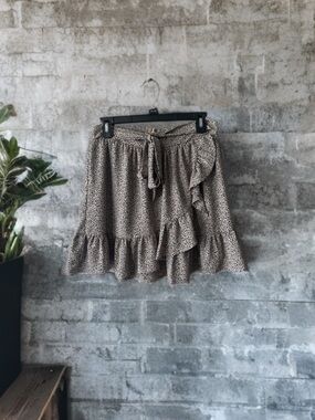 Altar'd State Brown and White Cheetah Print Mini Skirt with Ruffle and Belt